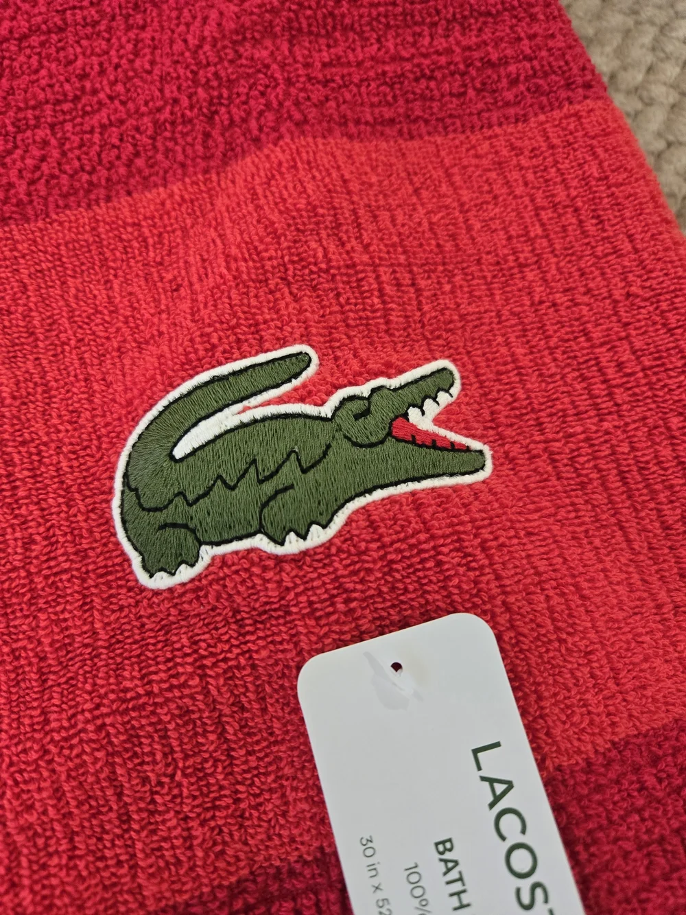 Lacoste Red Cotton Bath Towel - Embroidered Crocodile Logo
